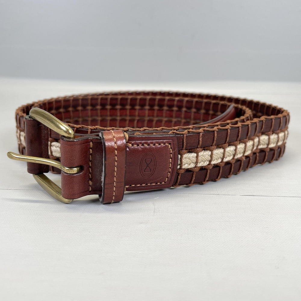 Trafalgar Belt Mens Size 44 Brown Leather Fabric Woven Braided Buckle Casual
